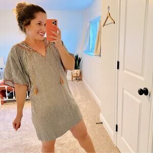 THE GREAT. Gray Striped Cotton Embroidered Mini Dress 0